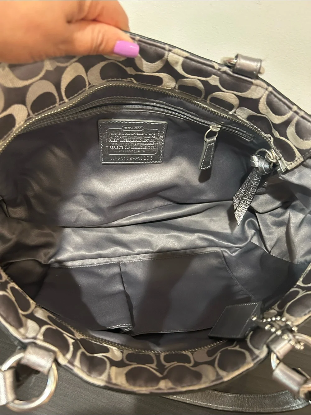 Coach  F17676 Gray Signature Jacquard East West Tote Bag w Metallic Leather Trim